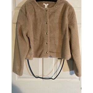 H&M Womens Faux Fur Jacket Tan Cropped Button Front Gold Buttons XL 1239208004